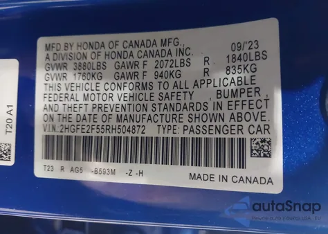 2024 Honda Civic Sport from USA, damaged, VIN 2HGFE2F55RH504872
